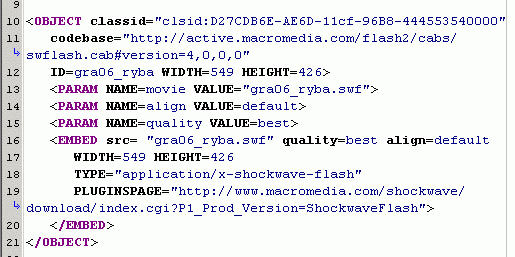 HTML kód pro zobrazení SWF